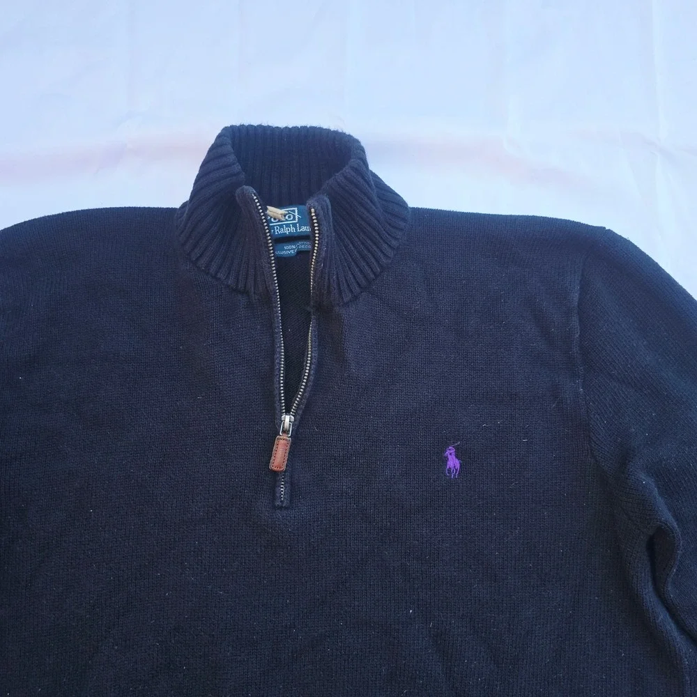 Polo Ralph Lauren Quarter Zip Sweater Mens XL Black Purple Cotton Pullover P23